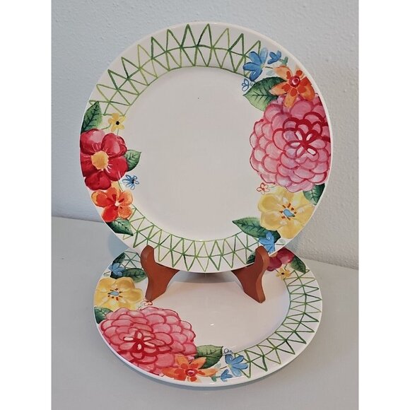 Pier 1 Dinner Plates 11" green lattice dahlia multicolor summer flowers set/ 2 - Picture 3 of 12